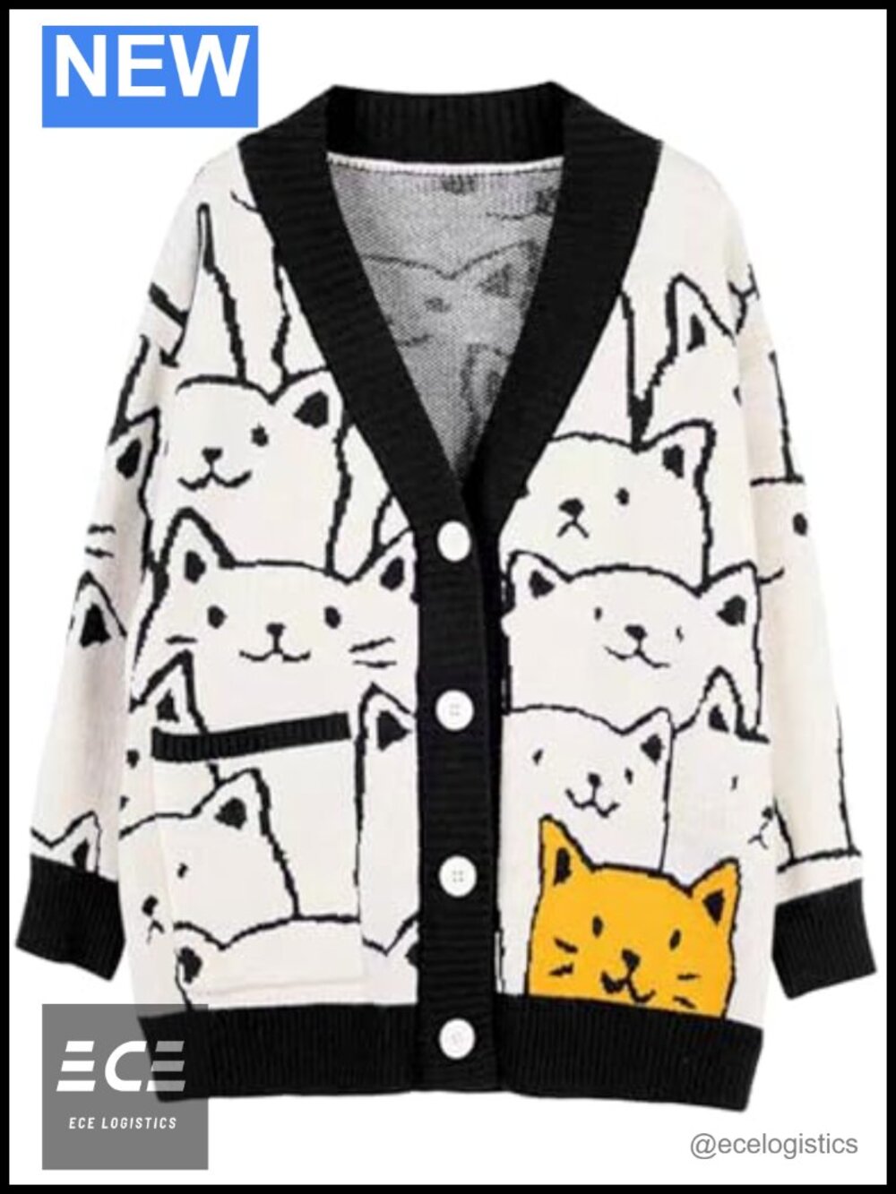 Womens Oversized Cat Print Cardigan V Neck Button Down Knit Sweater